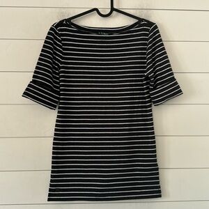 Lauren M Ralph Dark Navy Black w/Silver nautical Stipe. Cuffed sleeve Bo…